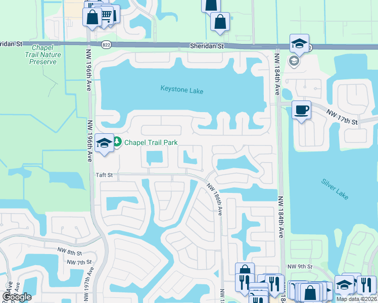 map of restaurants, bars, coffee shops, grocery stores, and more near 2150 Northwest 188th Terrace in Pembroke Pines