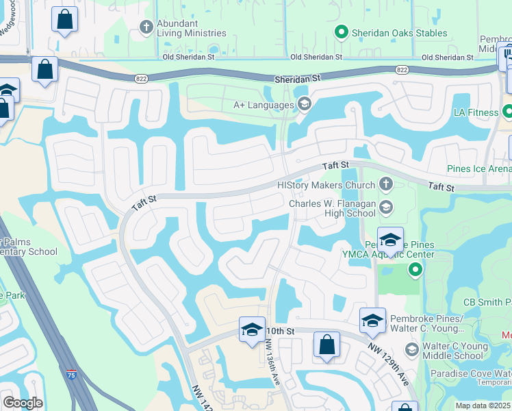 map of restaurants, bars, coffee shops, grocery stores, and more near 13762 Northwest 16th Street in Pembroke Pines