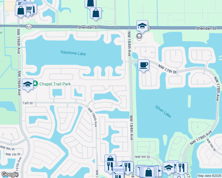 map of restaurants, bars, coffee shops, grocery stores, and more near 18479 Northwest 22nd Street in Pembroke Pines