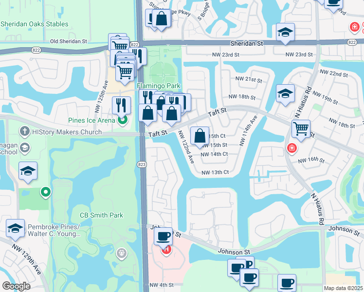 map of restaurants, bars, coffee shops, grocery stores, and more near 1521 Northwest 122nd Avenue in Pembroke Pines