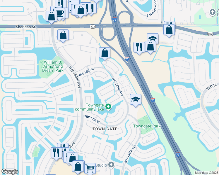map of restaurants, bars, coffee shops, grocery stores, and more near 15620 Northwest 14th Court in Pembroke Pines