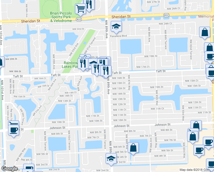 map of restaurants, bars, coffee shops, grocery stores, and more near 8900 Northwest 15th Court in Pembroke Pines