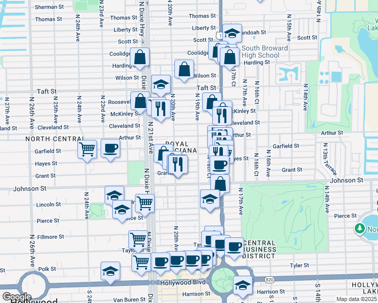 map of restaurants, bars, coffee shops, grocery stores, and more near in Hollywood