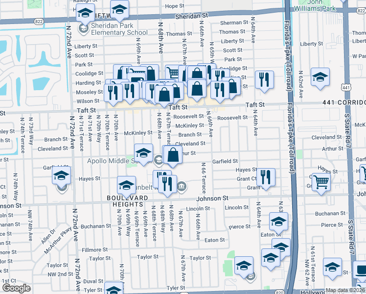 map of restaurants, bars, coffee shops, grocery stores, and more near 6750 Branch Street in Hollywood