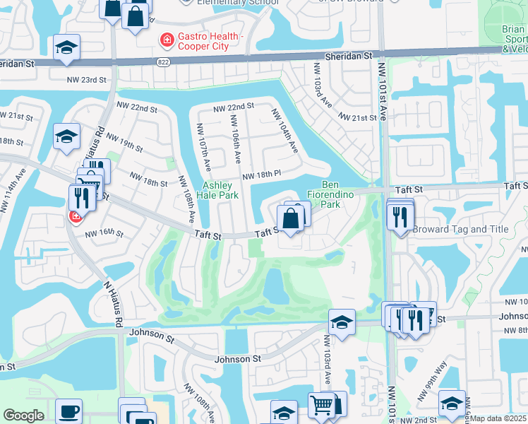 map of restaurants, bars, coffee shops, grocery stores, and more near 10461 Northwest 17th Place in Pembroke Pines