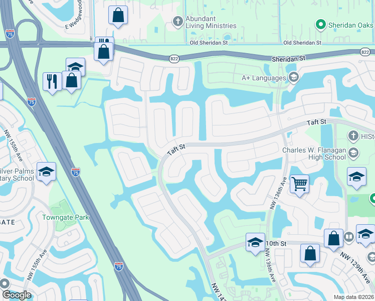 map of restaurants, bars, coffee shops, grocery stores, and more near 13930 Northwest 18th Street in Pembroke Pines