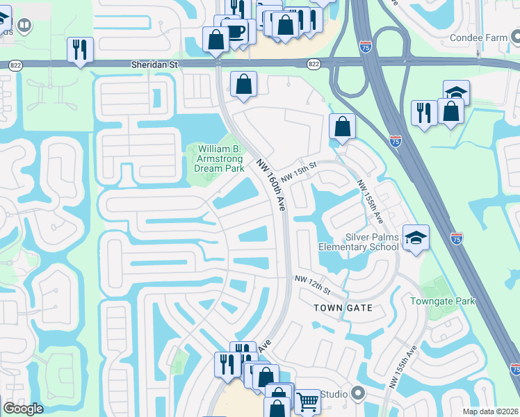 map of restaurants, bars, coffee shops, grocery stores, and more near 1427 Northwest 161st Avenue in Pembroke Pines