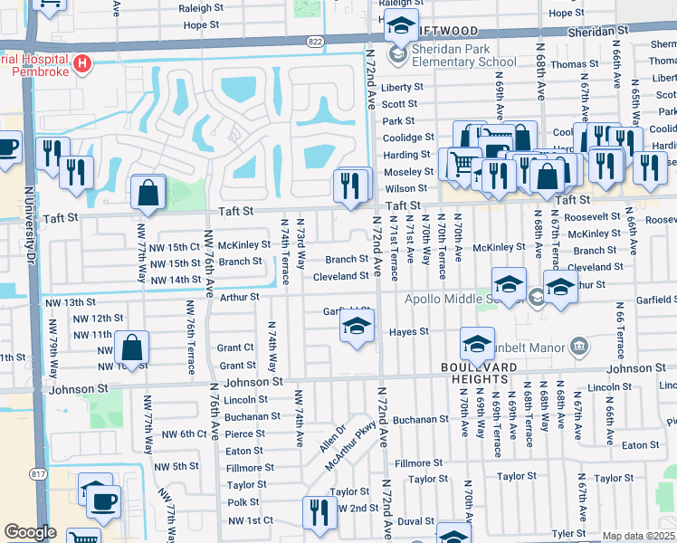 map of restaurants, bars, coffee shops, grocery stores, and more near 7251 Branch Street in Hollywood