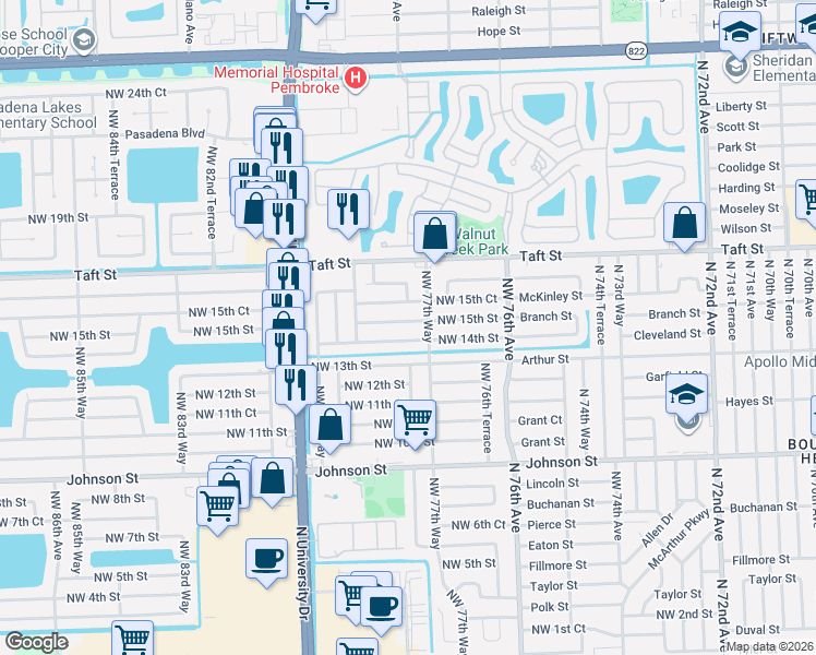 map of restaurants, bars, coffee shops, grocery stores, and more near 7781 Northwest 15th Street in Pembroke Pines