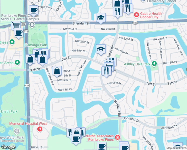 map of restaurants, bars, coffee shops, grocery stores, and more near 11301 Northwest 16th Court in Pembroke Pines