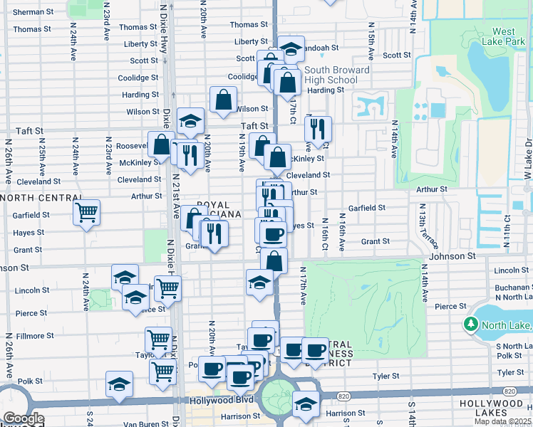 map of restaurants, bars, coffee shops, grocery stores, and more near 1200 North Federal Hwy in Hollywood