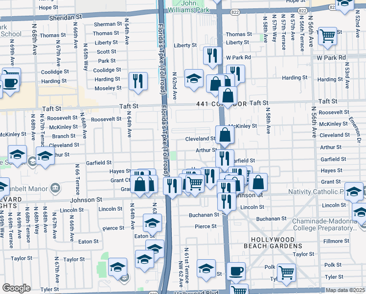 map of restaurants, bars, coffee shops, grocery stores, and more near 6122 Cleveland Street in Hollywood