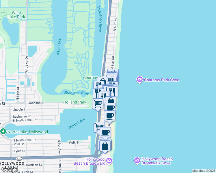 map of restaurants, bars, coffee shops, grocery stores, and more near 398 Garfield Street in Hollywood
