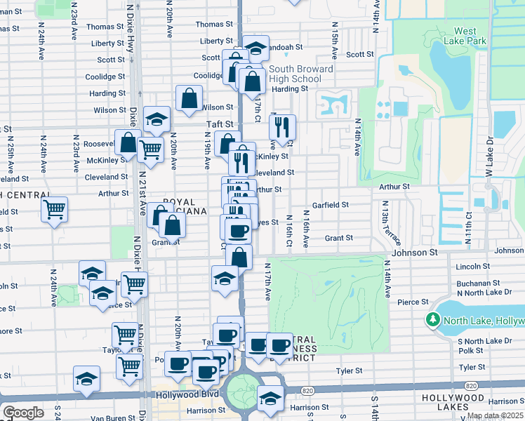 map of restaurants, bars, coffee shops, grocery stores, and more near 1215 North 17th Court in Hollywood