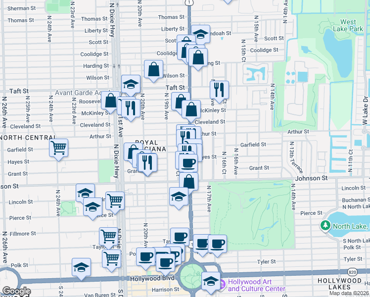 map of restaurants, bars, coffee shops, grocery stores, and more near 1128 North Federal Highway in Hollywood