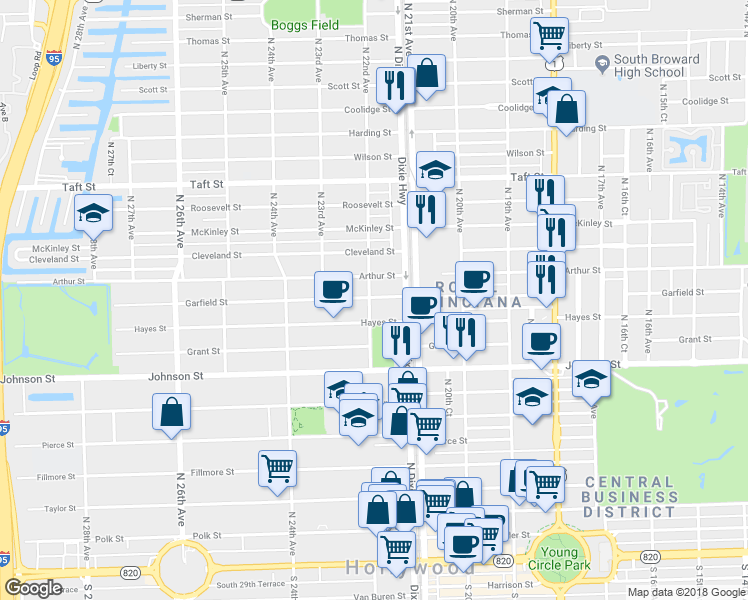 map of restaurants, bars, coffee shops, grocery stores, and more near 1207 North 22nd Avenue in Hollywood