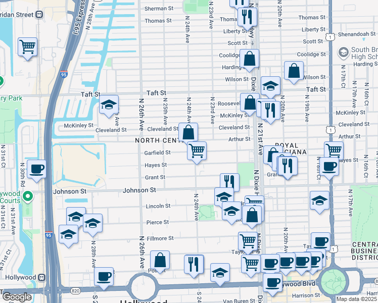 map of restaurants, bars, coffee shops, grocery stores, and more near 2418 Arthur Street in Hollywood