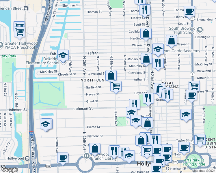 map of restaurants, bars, coffee shops, grocery stores, and more near 2418 Arthur Street in Hollywood