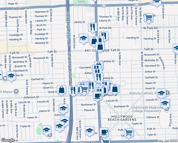 map of restaurants, bars, coffee shops, grocery stores, and more near 6030 Cleveland Street in Hollywood
