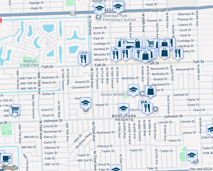 map of restaurants, bars, coffee shops, grocery stores, and more near 1431 North 71st Avenue in Hollywood