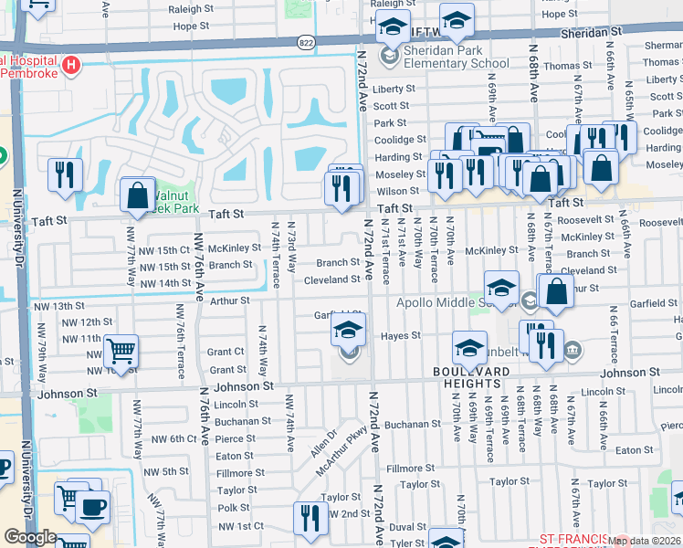 map of restaurants, bars, coffee shops, grocery stores, and more near 7251 Branch Street in Hollywood