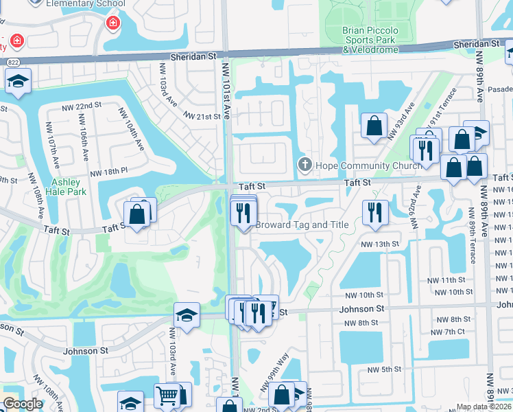 map of restaurants, bars, coffee shops, grocery stores, and more near 9878 Northwest 16th Court in Pembroke Pines