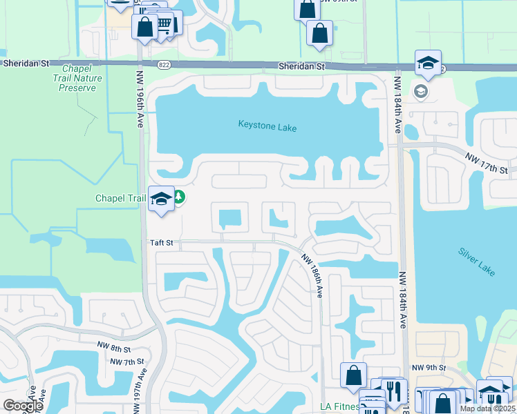 map of restaurants, bars, coffee shops, grocery stores, and more near 18961 Northwest 22nd Street in Pembroke Pines
