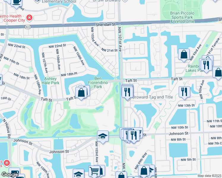 map of restaurants, bars, coffee shops, grocery stores, and more near 1661 Fairway Road in Pembroke Pines