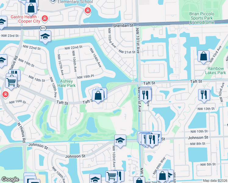 map of restaurants, bars, coffee shops, grocery stores, and more near 10267 Greenhouse Road in Pembroke Pines