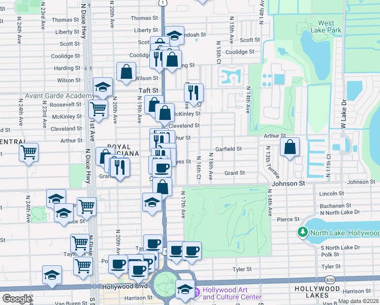 map of restaurants, bars, coffee shops, grocery stores, and more near 1210 North 16th Court in Hollywood
