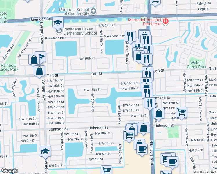 map of restaurants, bars, coffee shops, grocery stores, and more near 8401 Northwest 15th Court in Pembroke Pines