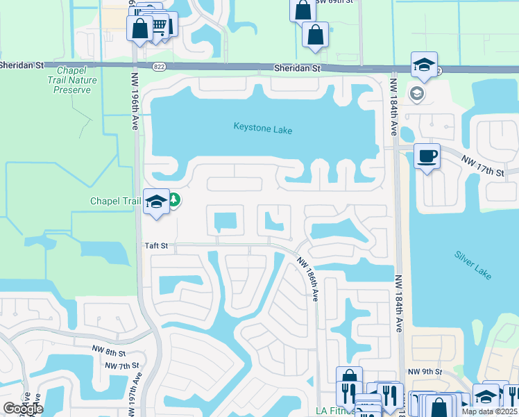 map of restaurants, bars, coffee shops, grocery stores, and more near 18990 Northwest 22nd Street in Pembroke Pines