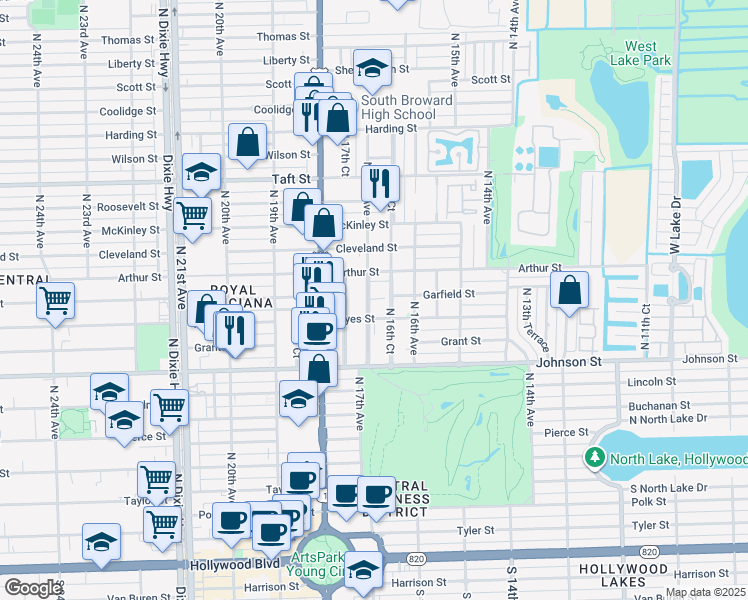 map of restaurants, bars, coffee shops, grocery stores, and more near 1123 North 17th Avenue in Hollywood