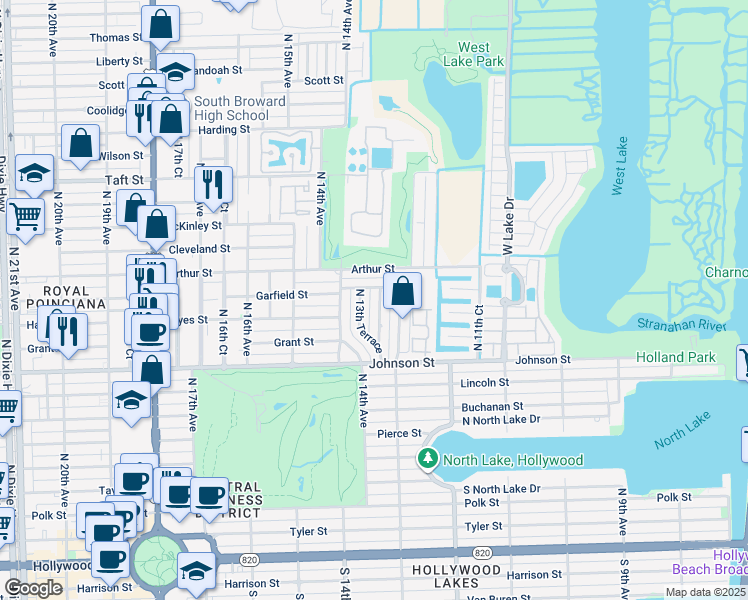 map of restaurants, bars, coffee shops, grocery stores, and more near 1124 North 13th Terrace in Hollywood