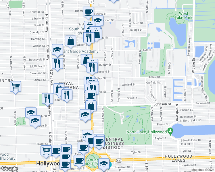 map of restaurants, bars, coffee shops, grocery stores, and more near 1210 North 16th Court in Hollywood