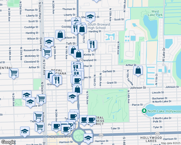 map of restaurants, bars, coffee shops, grocery stores, and more near 1210 North 16th Court in Hollywood