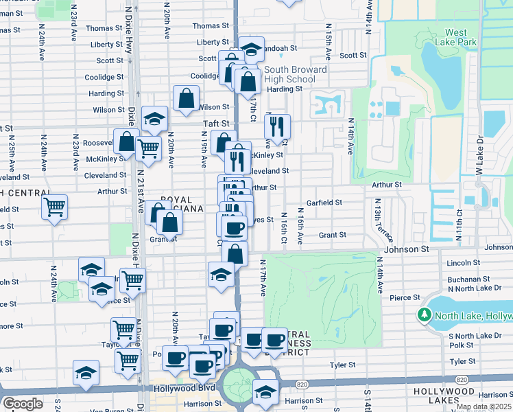 map of restaurants, bars, coffee shops, grocery stores, and more near 1215 North 17th Court in Hollywood