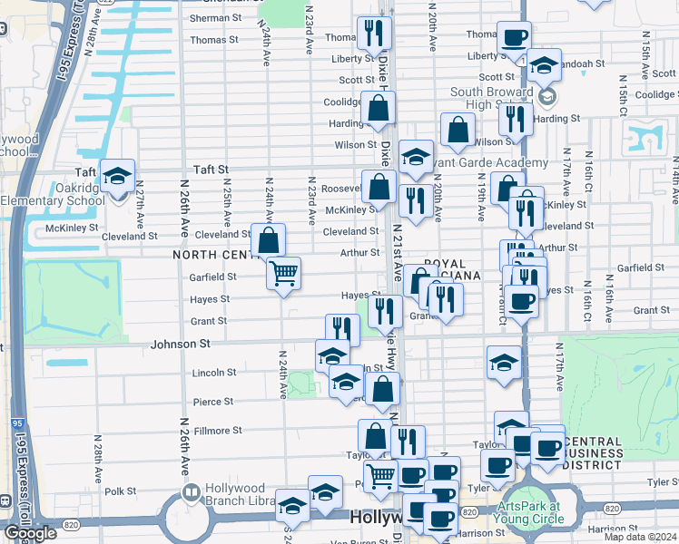 map of restaurants, bars, coffee shops, grocery stores, and more near 2234 Arthur Street in Hollywood
