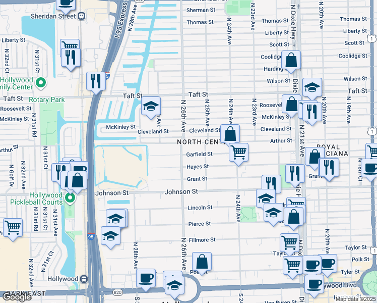 map of restaurants, bars, coffee shops, grocery stores, and more near 2524 Arthur Street in Hollywood