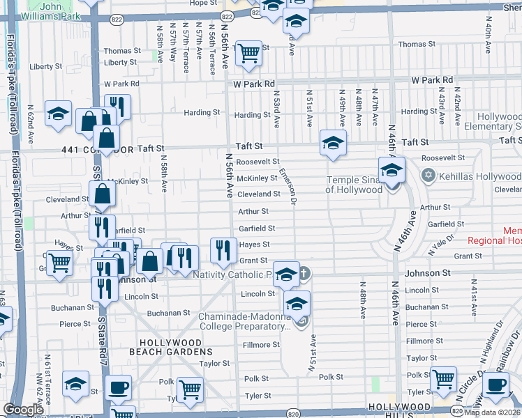 map of restaurants, bars, coffee shops, grocery stores, and more near 5316 Cleveland Street in Hollywood