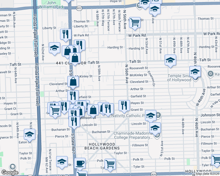 map of restaurants, bars, coffee shops, grocery stores, and more near 5700 Cleveland Street in Hollywood