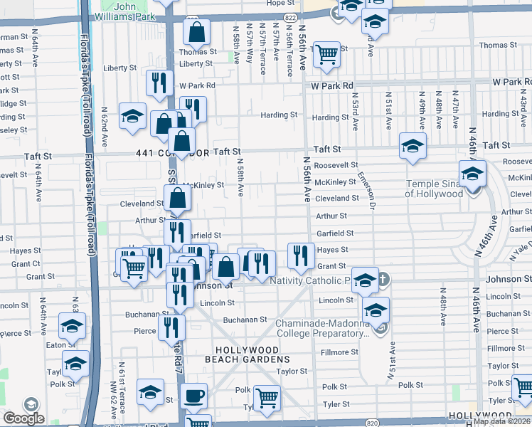 map of restaurants, bars, coffee shops, grocery stores, and more near 5700 Cleveland Street in Hollywood