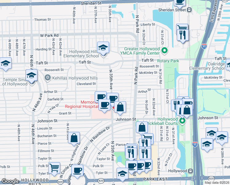 map of restaurants, bars, coffee shops, grocery stores, and more near 3423 Arthur Street in Hollywood