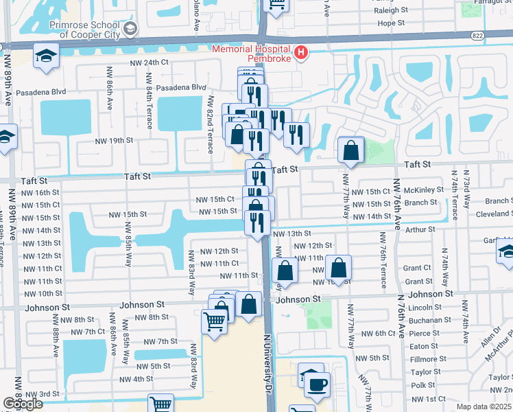 map of restaurants, bars, coffee shops, grocery stores, and more near 1490 North University Drive in Pembroke Pines