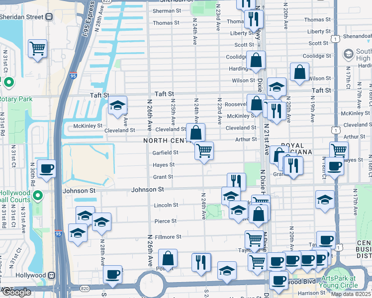 map of restaurants, bars, coffee shops, grocery stores, and more near 2433 Garfield Street in Hollywood