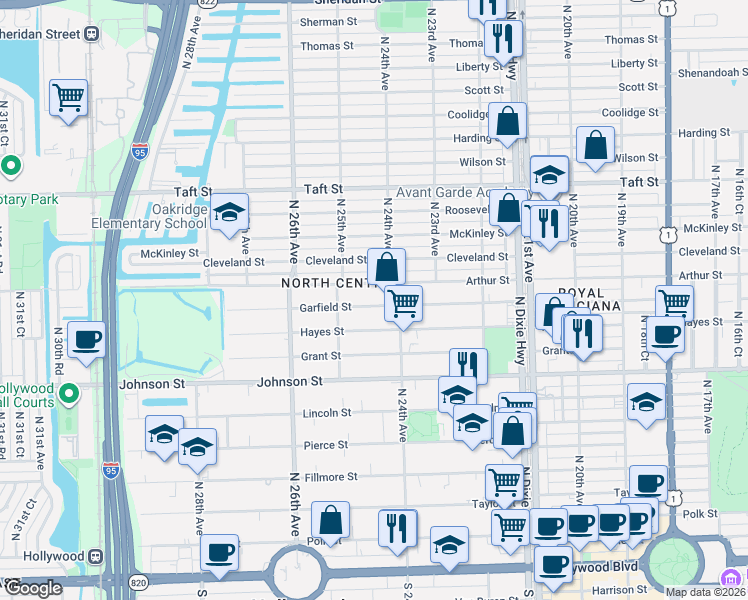 map of restaurants, bars, coffee shops, grocery stores, and more near 2418 Arthur Street in Hollywood