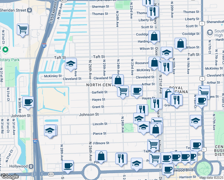 map of restaurants, bars, coffee shops, grocery stores, and more near 2418 Arthur Street in Hollywood