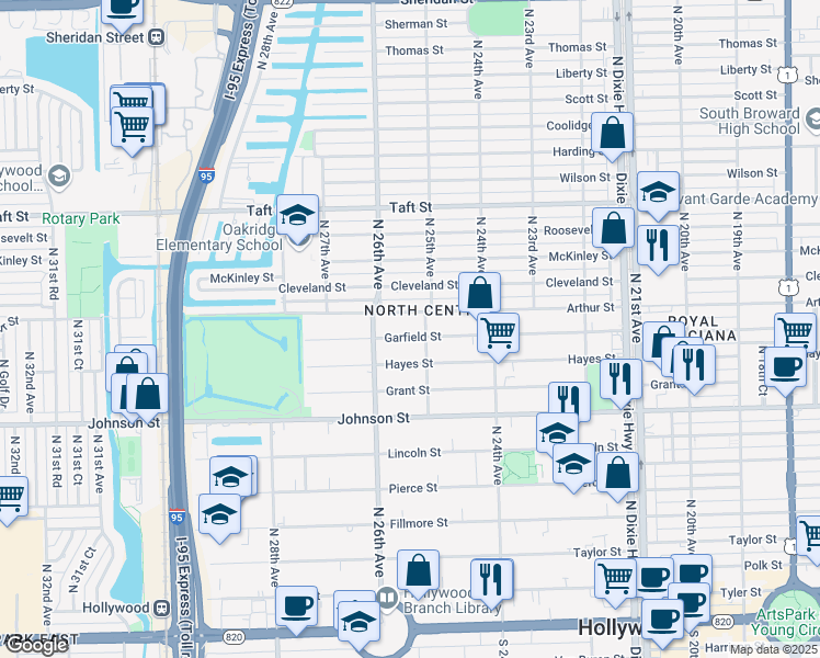 map of restaurants, bars, coffee shops, grocery stores, and more near 2524 Arthur Street in Hollywood