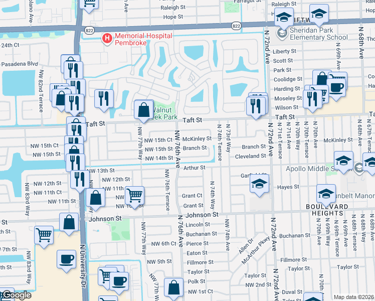 map of restaurants, bars, coffee shops, grocery stores, and more near 7525 Branch Street in Hollywood