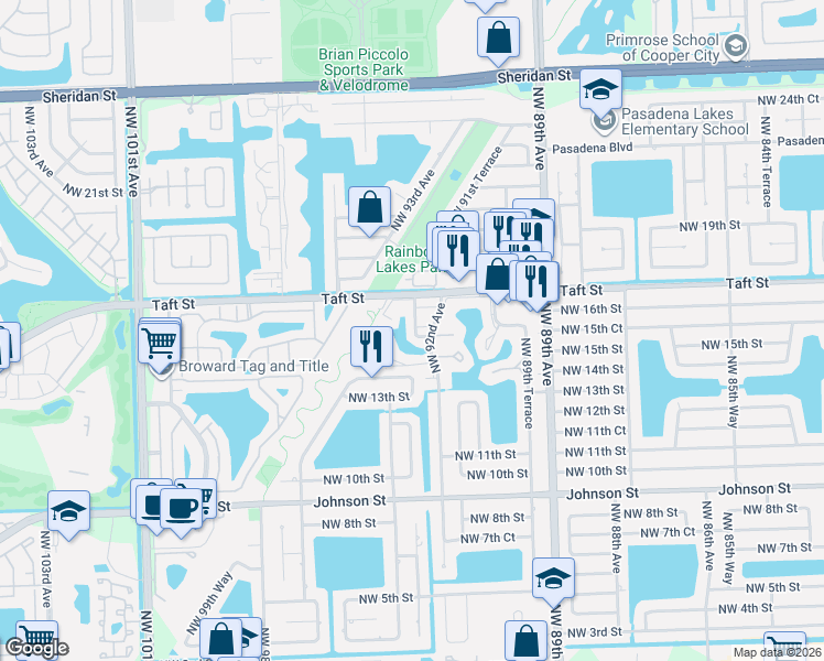 map of restaurants, bars, coffee shops, grocery stores, and more near 1610 Northwest 93rd Avenue in Pembroke Pines